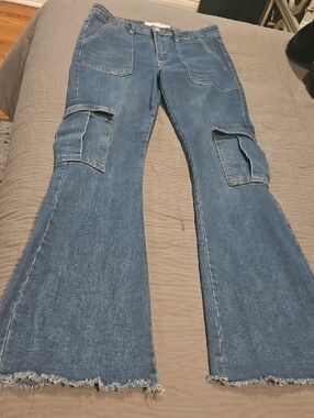 Indigo Rein Medium Blue Flare Cargo Jeans